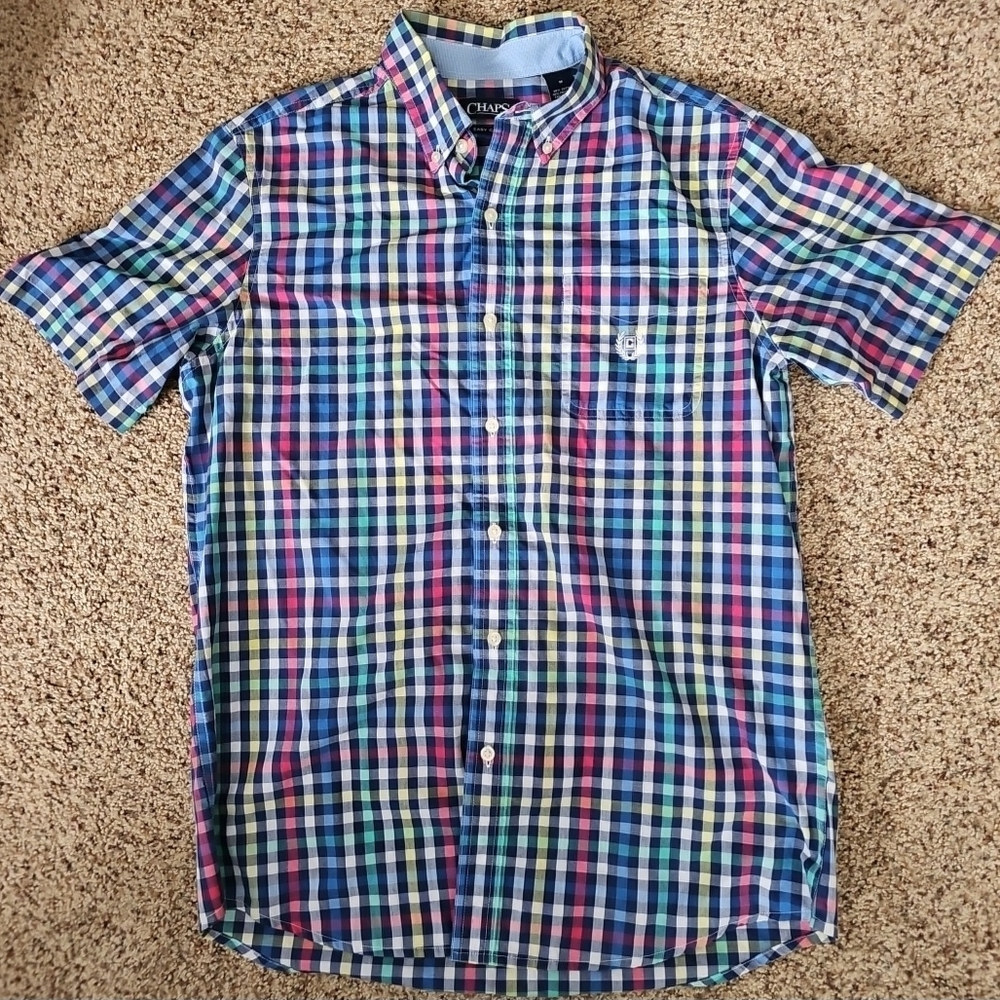 Chaps Men's Blue and Green Plaid Button Down Shirt Med